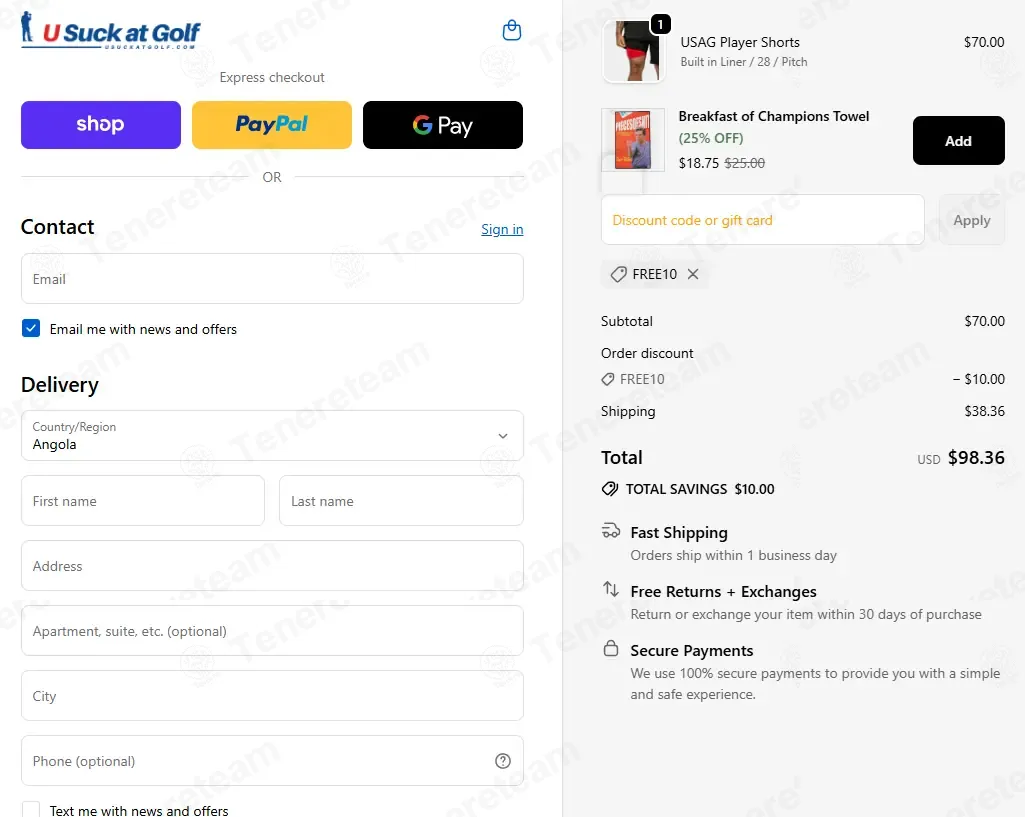 U Suck At Golf coupon code: $10 off with FREE10. Tested and valid as 8 months ago.