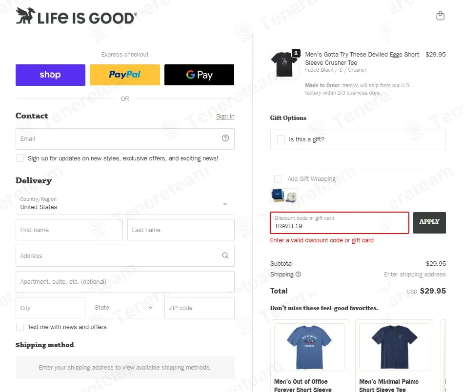 Life is Good coupon code: Sale off with TRAVEL19. Tested and valid as 3 weeks ago.