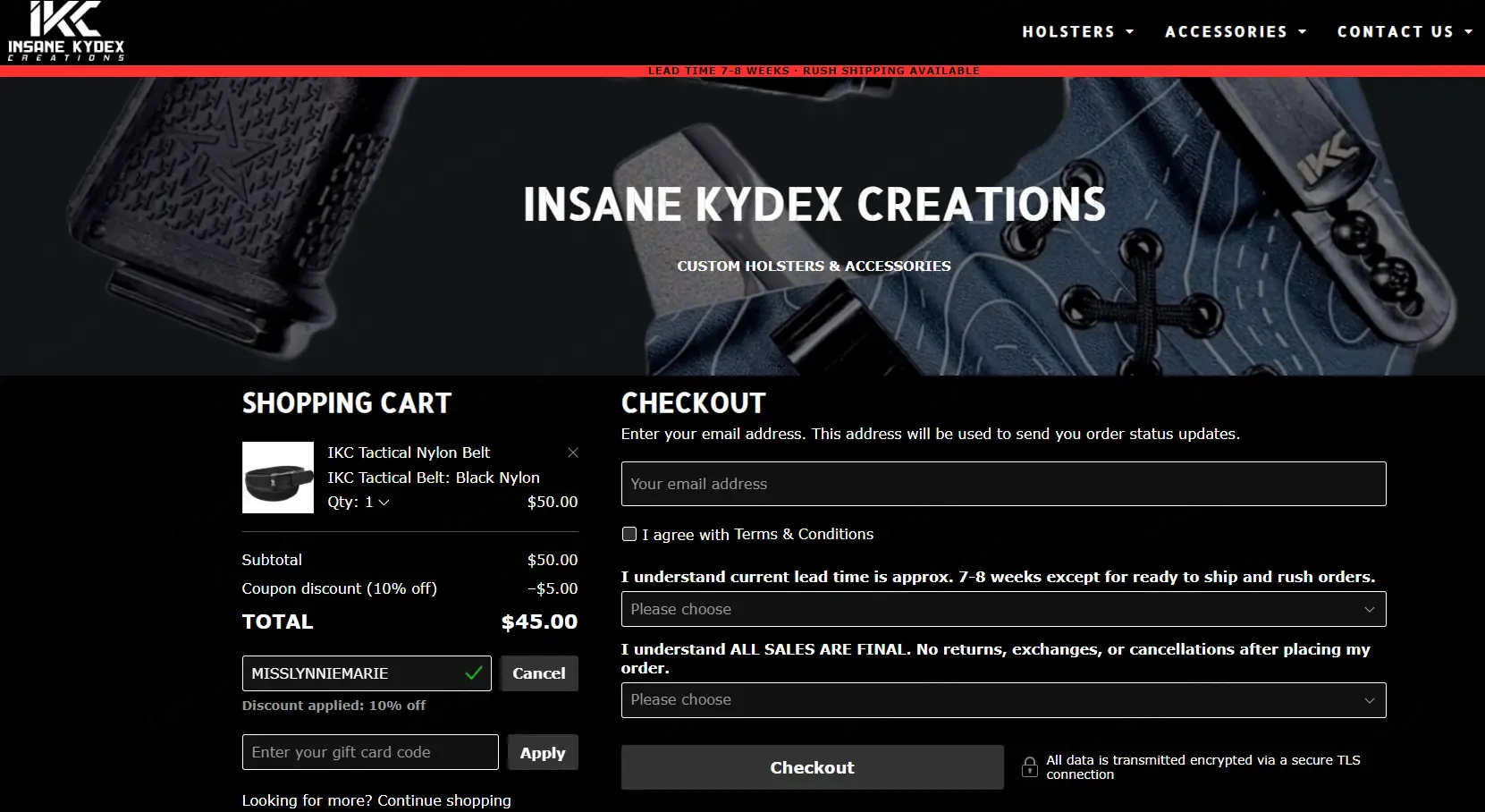 Insane Kydex Creations coupon code: 10% off with MISSLYNNIEMARIE. Tested and valid as 8 months ago.