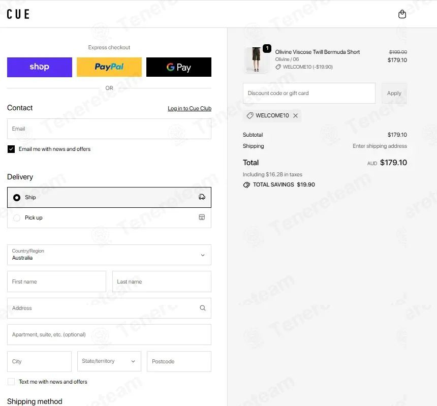 Cue Clothing coupon code: 10% off with WELCOME10. Tested and valid as 2 weeks ago.