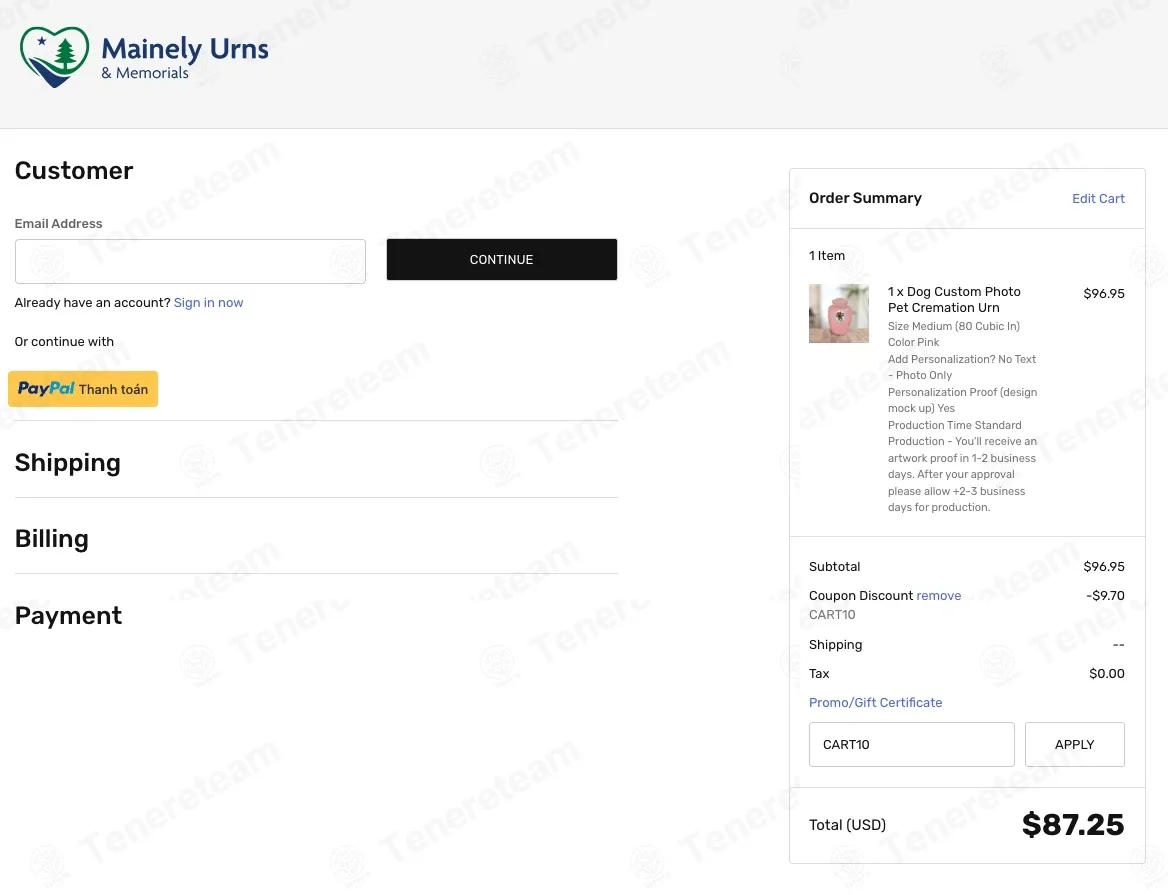 Mainely Urns coupon code: 10% off with CART10. Tested and valid as 7 months ago.