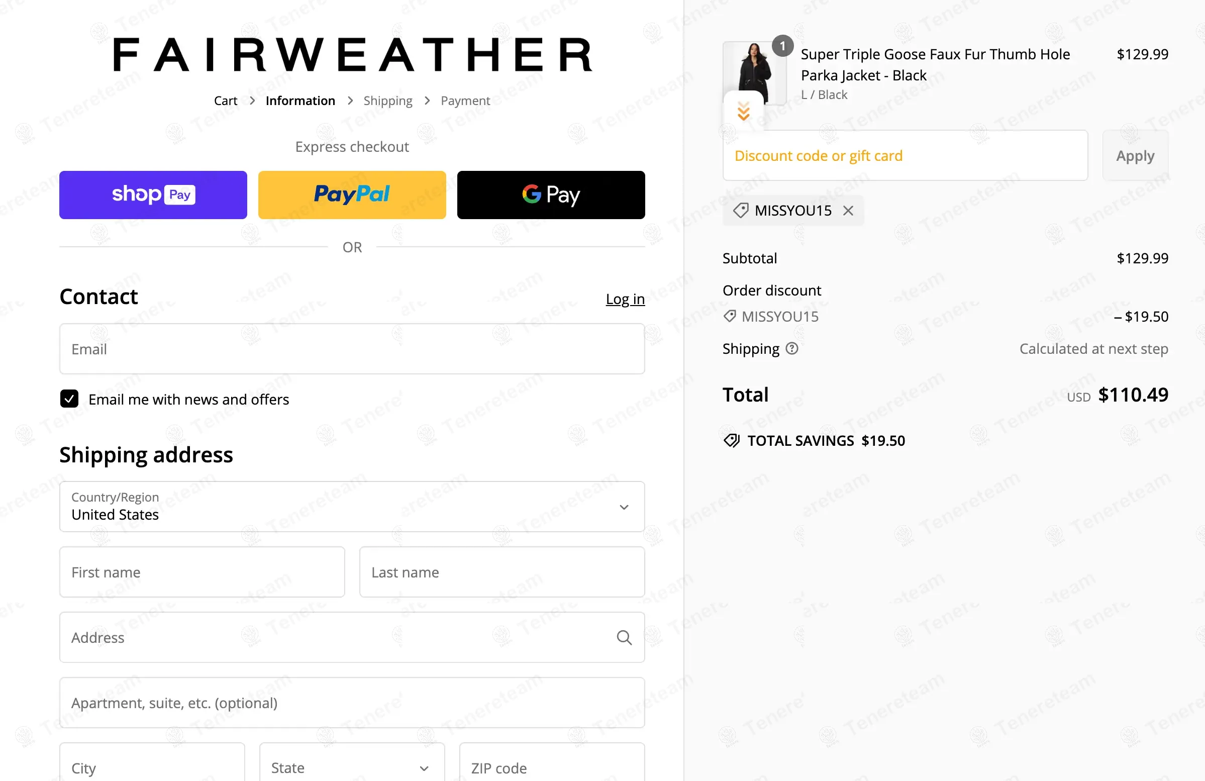 Fairweather Clothing coupon code: 15% off with MISSYOU15. Tested and valid as 1 year ago.