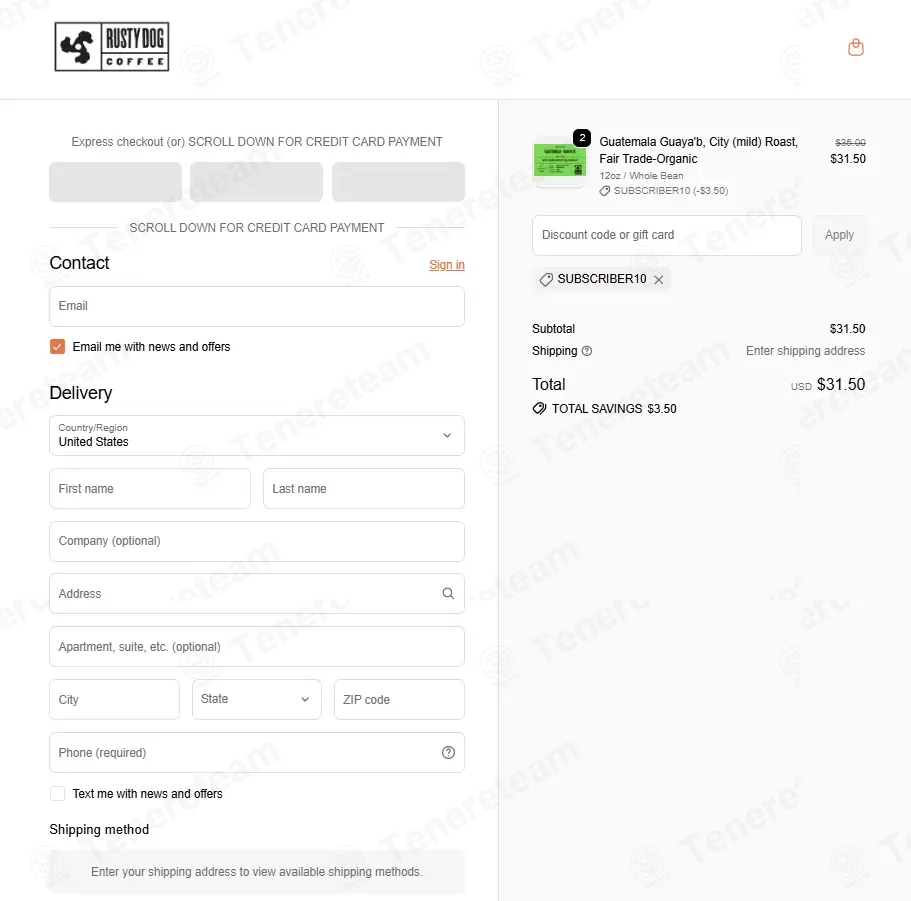Rusty Dog Coffee coupon code: 10% off with SUBSCRIBER10. Tested and valid as 2 weeks ago.