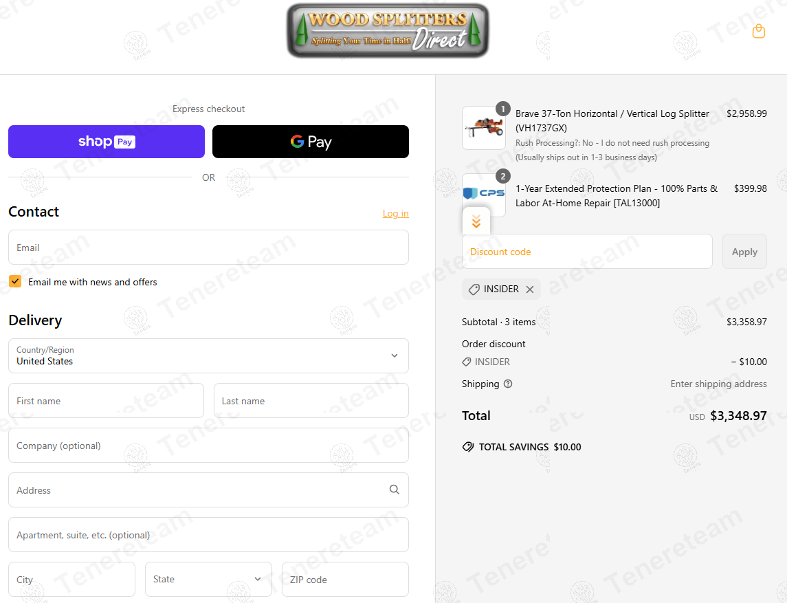 Wood Splitter Direct coupon code: $10 off with INSIDER. Tested and valid as 1 year ago.