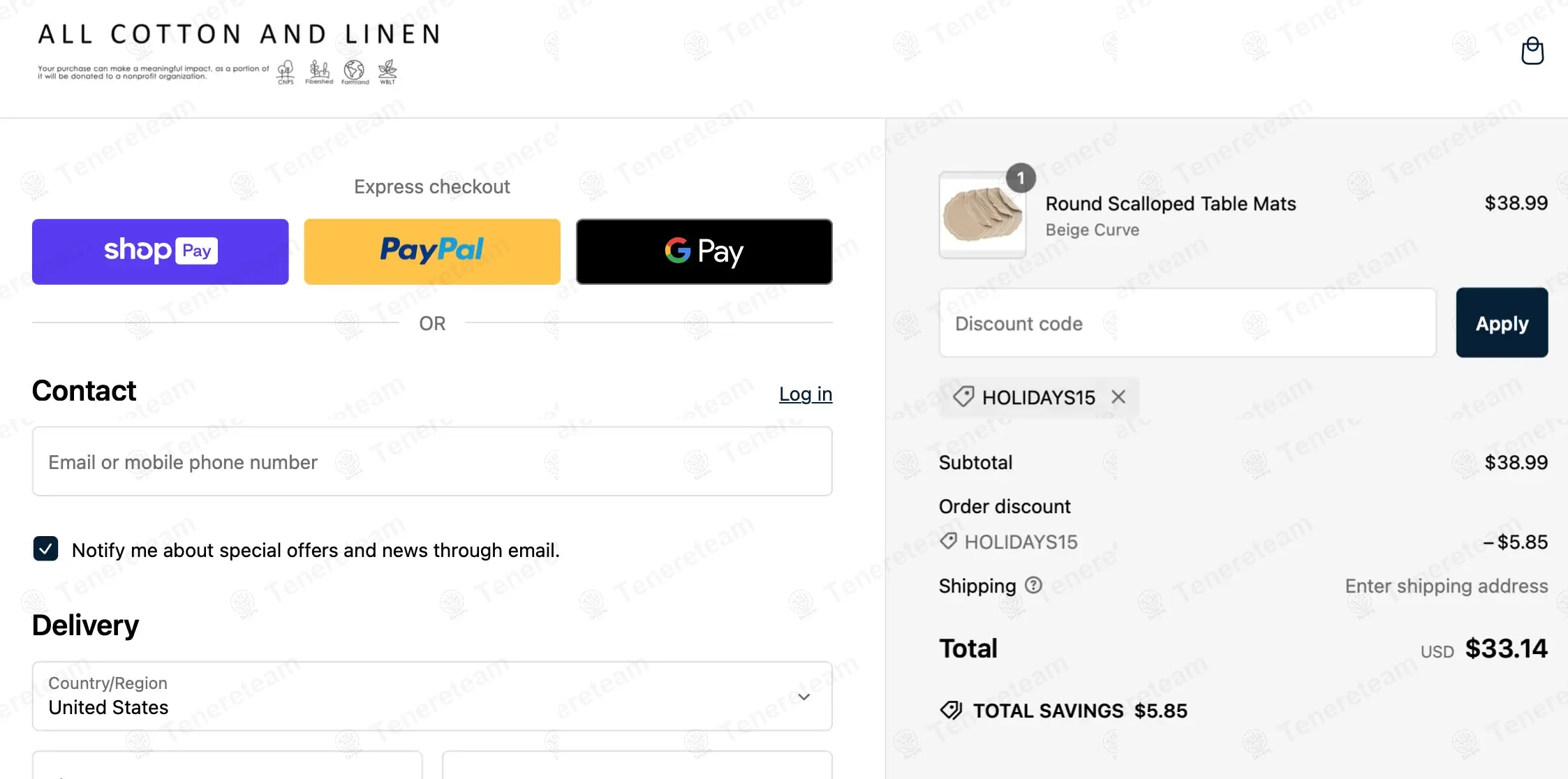 All Cotton and Linen coupon code: 15% off with holidays15. Tested and valid as 1 year ago.