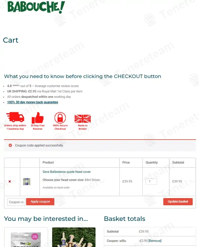 Babouche Golf coupon code: 10% off with WILLU. Tested and valid as 1 month ago.
