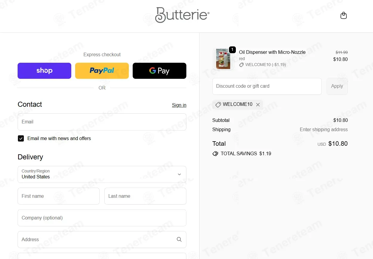 Butterie coupon code: 10% off with WELCOME10. Tested and valid as 5 months ago.