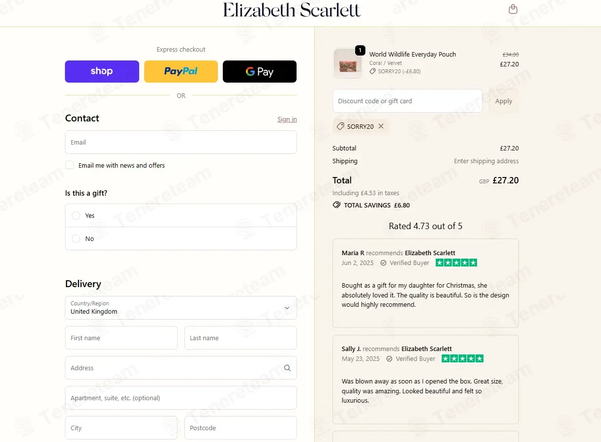 Elizabeth Scarlett coupon code: 20% off with SORRY20. Tested and valid as 6 months ago.