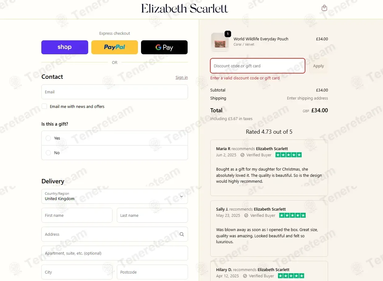 Elizabeth Scarlett coupon code: 15% off with RUMANA15. Tested and valid as 6 months ago.