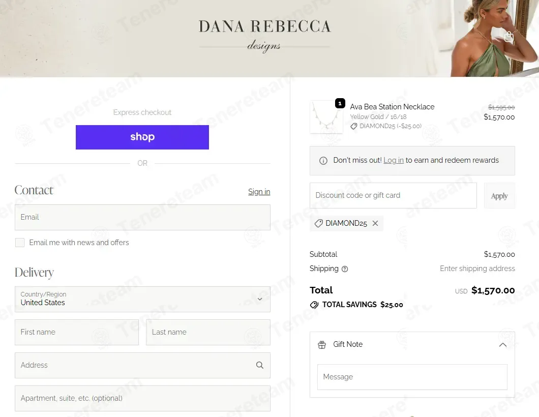 Dana Rebecca Designs coupon code: $25 off with DIAMOND25. Tested and valid as 4 weeks ago.