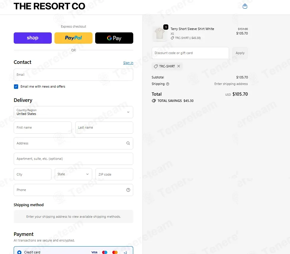 The Resort Co coupon code: 30% off with TRC-SHIRT. Tested and valid as 1 month ago.