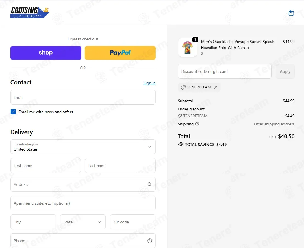 Cruising Quackers coupon code: 10% off with TENERETEAM. Tested and valid as 1 week ago.