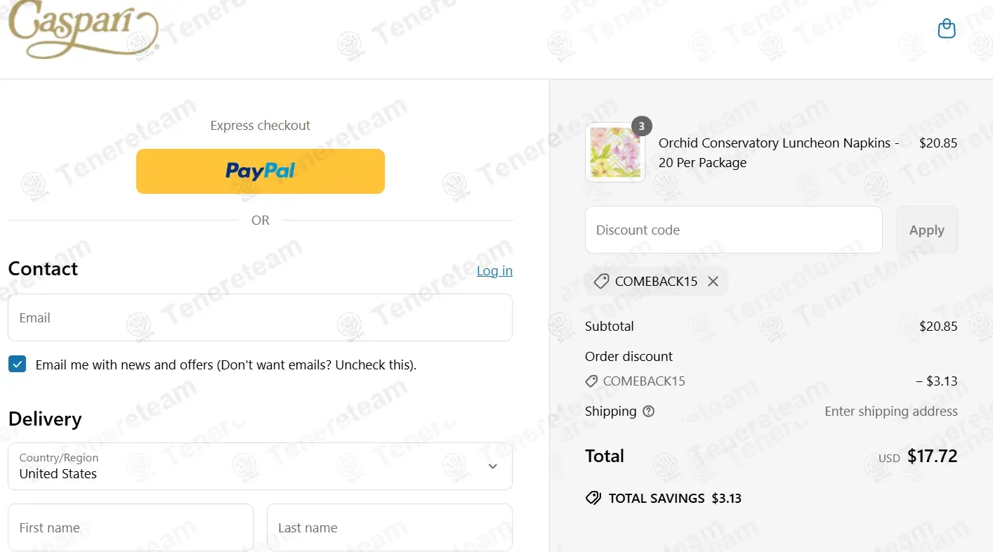 Caspari coupon code: 15% off with COMEBACK15. Tested and valid as 3 months ago.