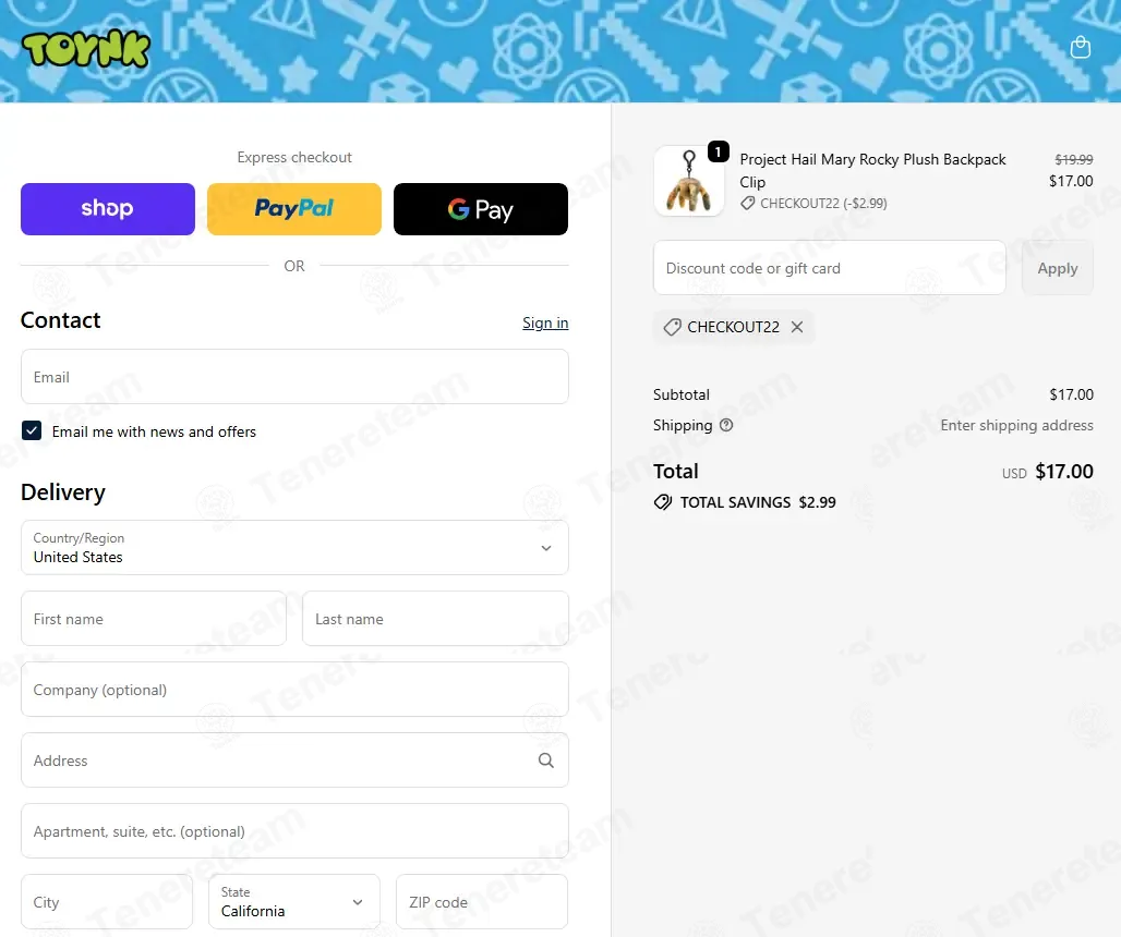 Toynk Toys coupon code: 15% off with CHECKOUT22. Tested and valid as 3 weeks ago.