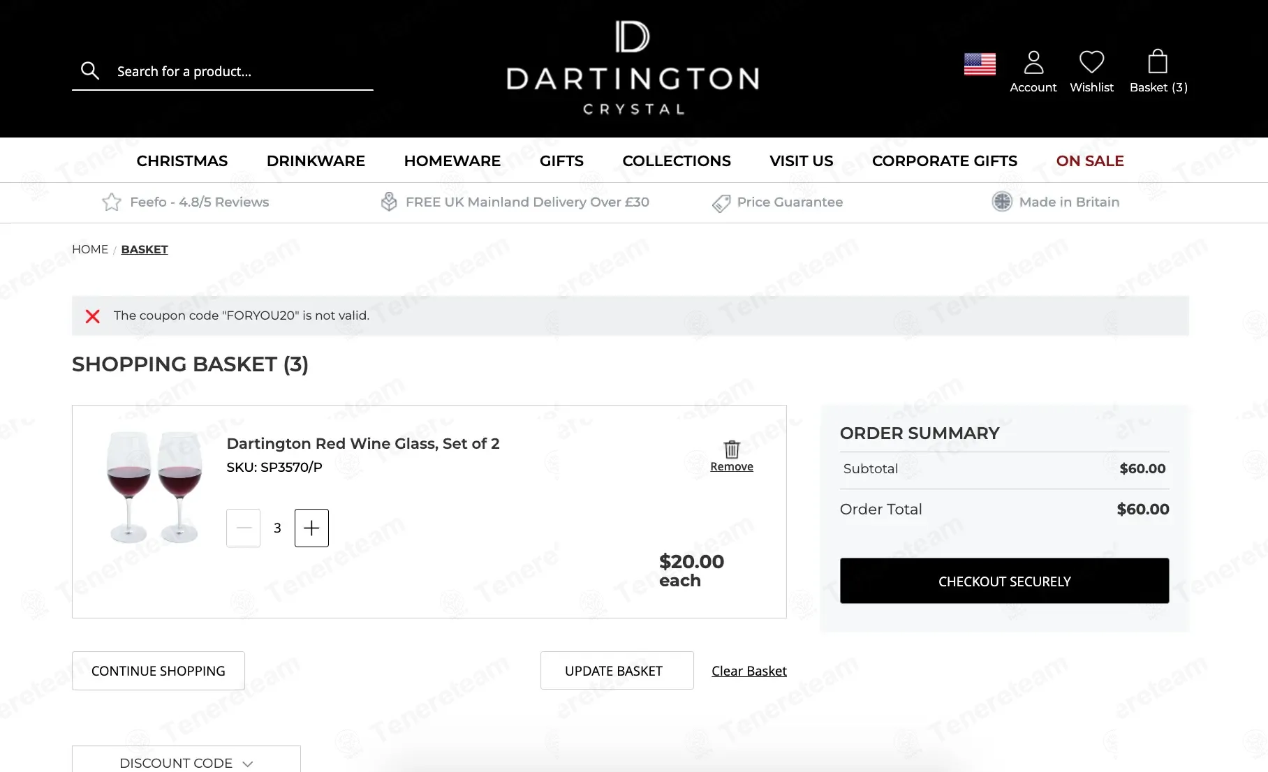 Dartington Crystal coupon code: 20% off with FORYOU20. Tested and valid as 1 month ago.