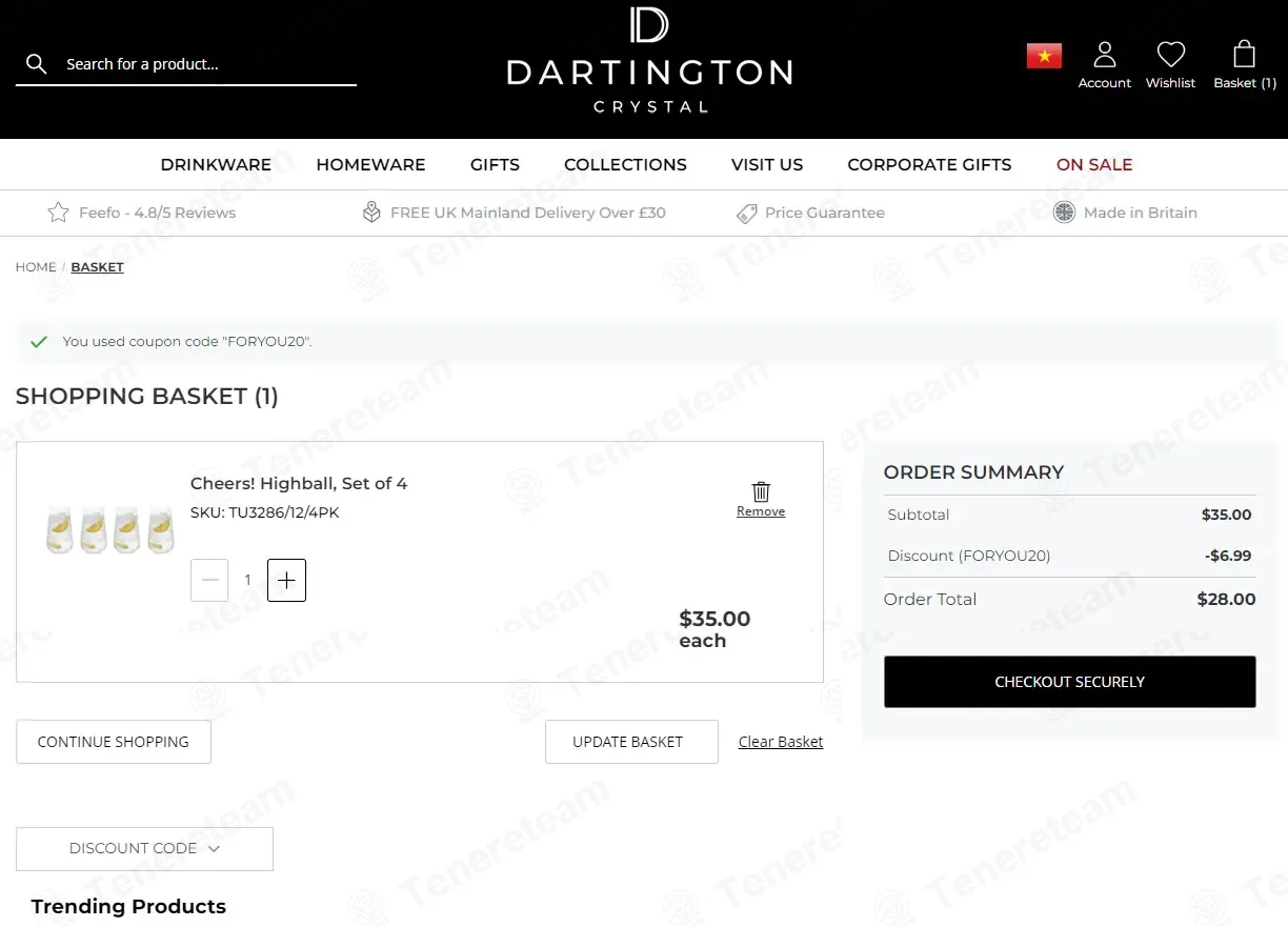 Dartington Crystal coupon code: 20% off with FORYOU20. Tested and valid as 1 month ago.