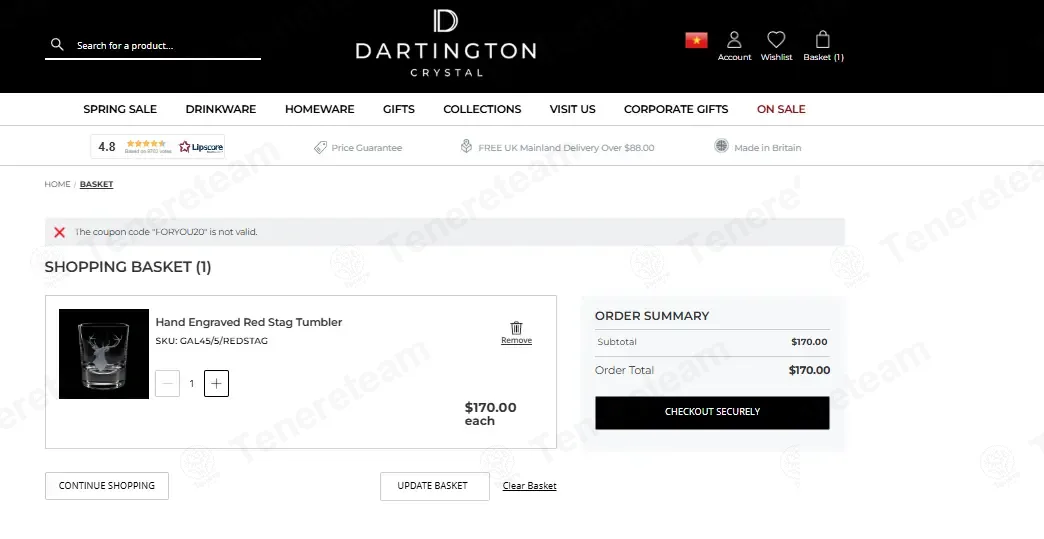 Dartington Crystal coupon code: 20% off with FORYOU20. Tested and valid as 1 month ago.