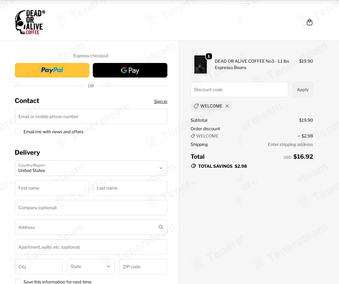 Dead or Alive Coffee coupon code: 15% off with WELCOME. Tested and valid as 2 weeks ago.