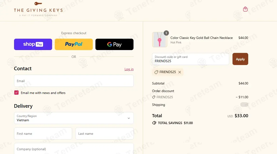 The Giving Keys coupon code: 25% off with FRIENDS25. Tested and valid as 9 months ago.