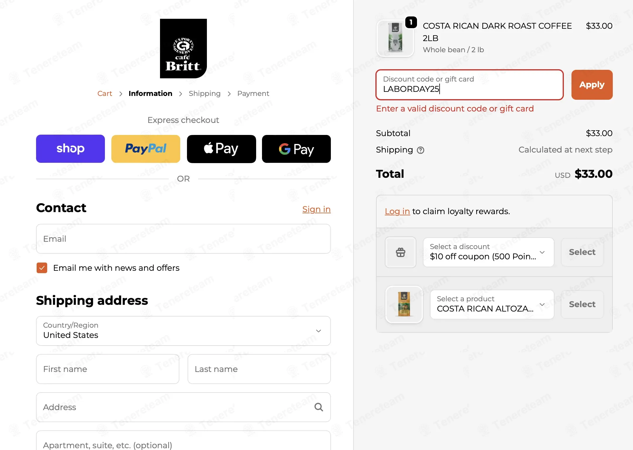 Cafe Britt coupon code: 25% off with LABORDAY25. Tested and valid as 1 month ago.