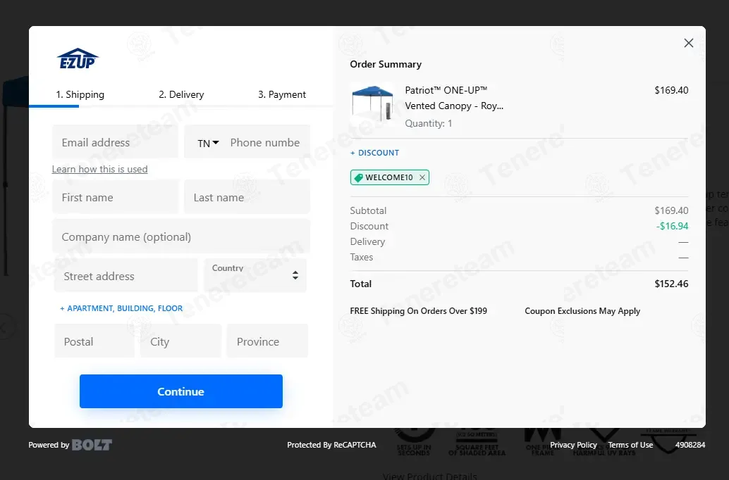 E-Z UP coupon code: 10% off with WELCOME10. Tested and valid as 4 weeks ago.
