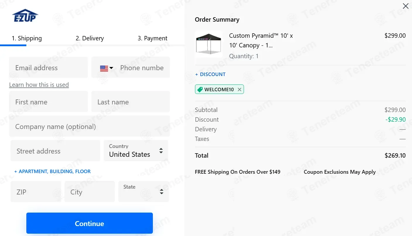 E-Z UP coupon code: 10% off with WELCOME10. Tested and valid as 4 weeks ago.
