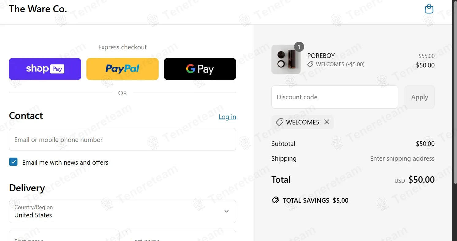 The Ware Co. coupon code: $5 off with WELCOME5. Tested and valid as 1 year ago.