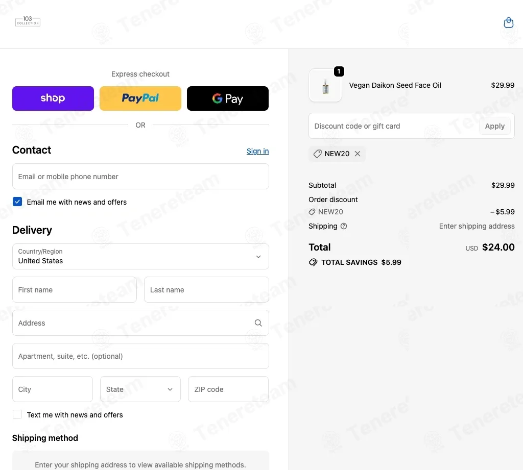 103 Collection coupon code: 20% off with NEW20. Tested and valid as 2 weeks ago.