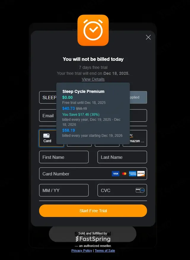 Sleep Cycle coupon code: 30% off with SLEEP30. Tested and valid as 2 months ago.