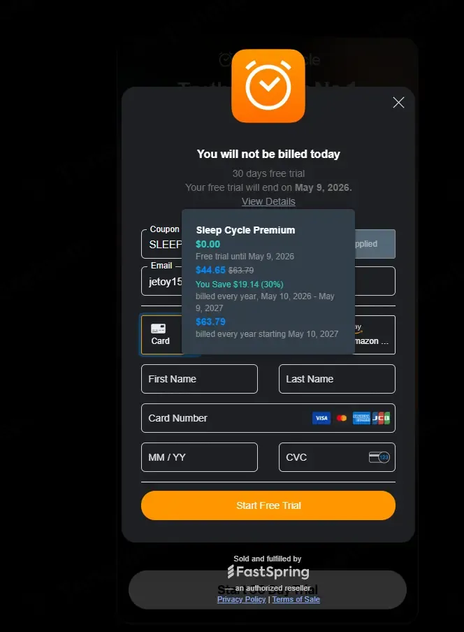 Sleep Cycle coupon code: 30% off with SLEEP30. Tested and valid as 2 months ago.