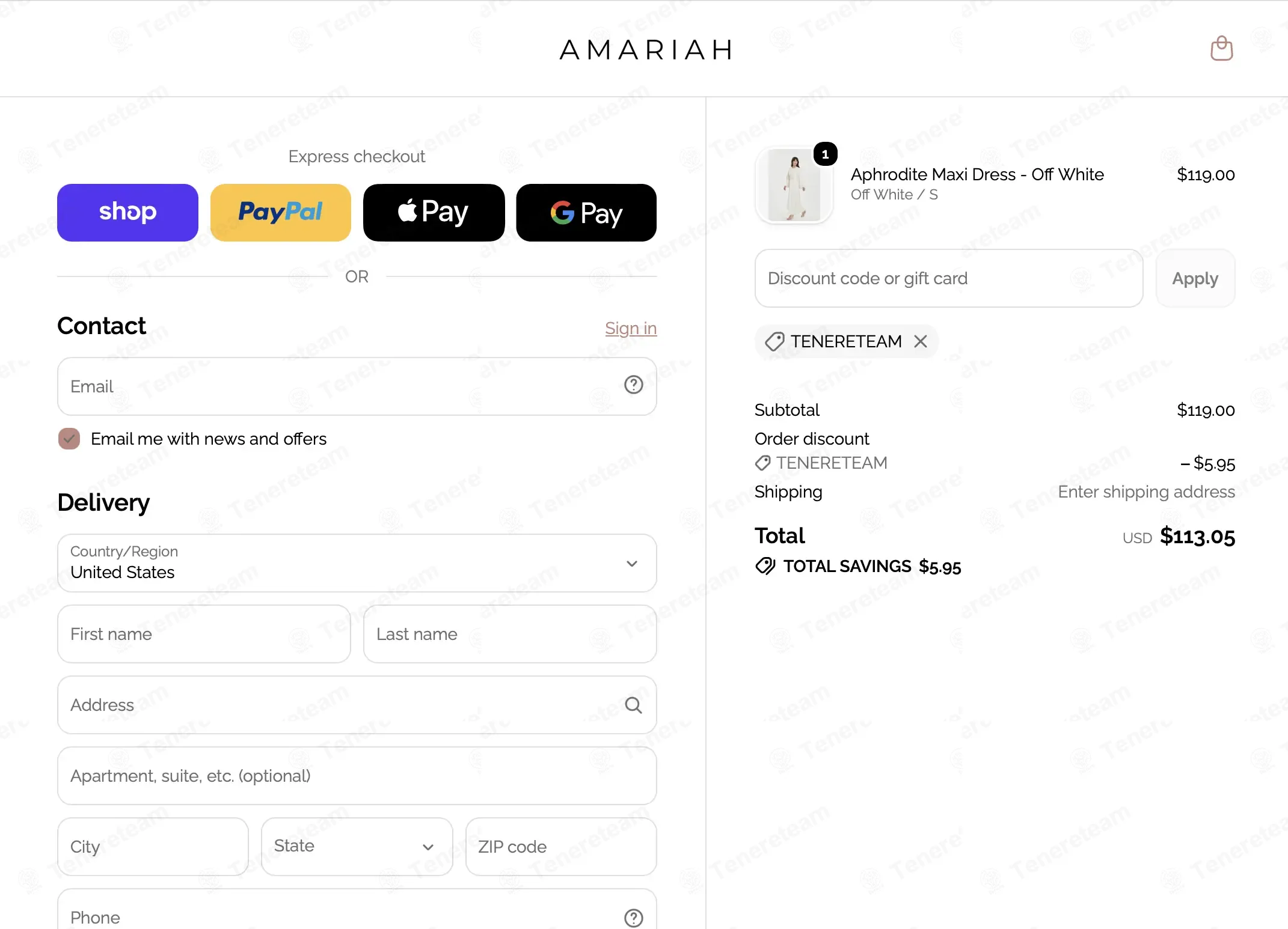 Amariah coupon code: 5% off with TENERETEAM. Tested and valid as 1 month ago.