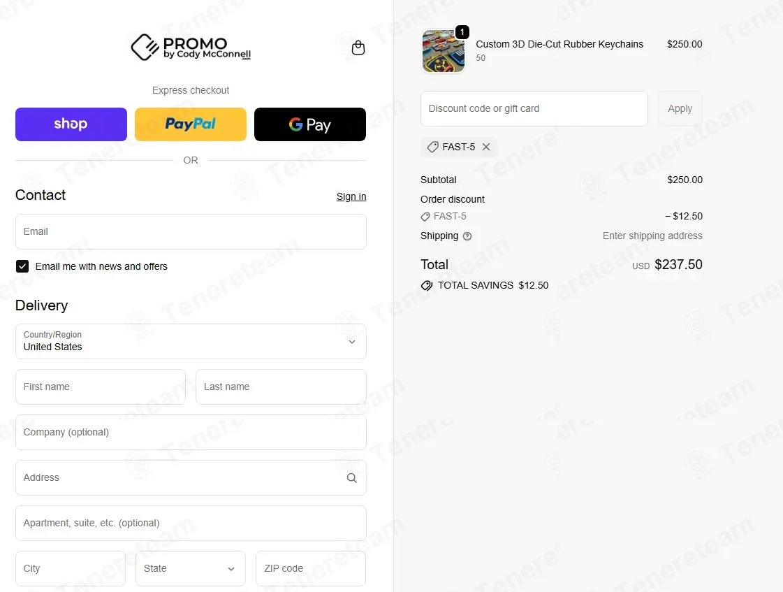 Cody McConnell Promo coupon code: 5% off with FAST-5. Tested and valid as 8 months ago.