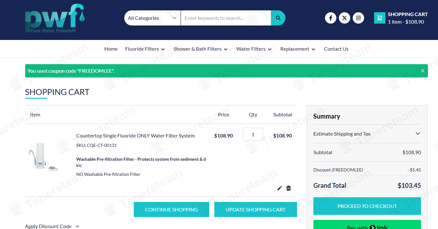 Pure Water Freedom coupon code: 5% off with FREEDOMLEE. Tested and valid as 9 months ago.