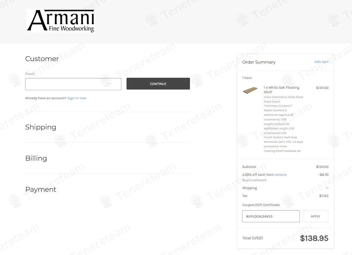 Armani Fine Woodworking coupon code: 5% off with BUY. Tested and valid as 9 months ago.