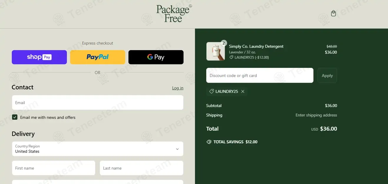 Package Free Shop coupon code: 25% off with LAUNDRY25. Tested and valid as 8 months ago.