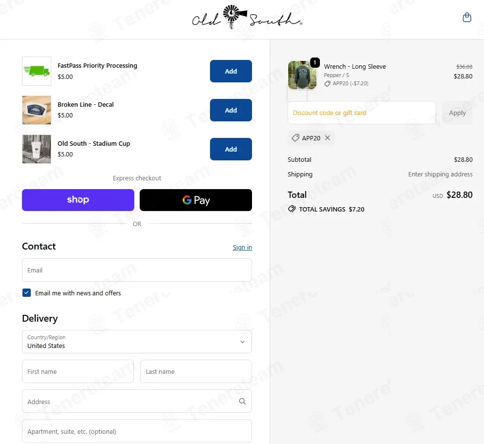 Old South Apparel coupon code: 20% off with APP20. Tested and valid as 10 months ago.