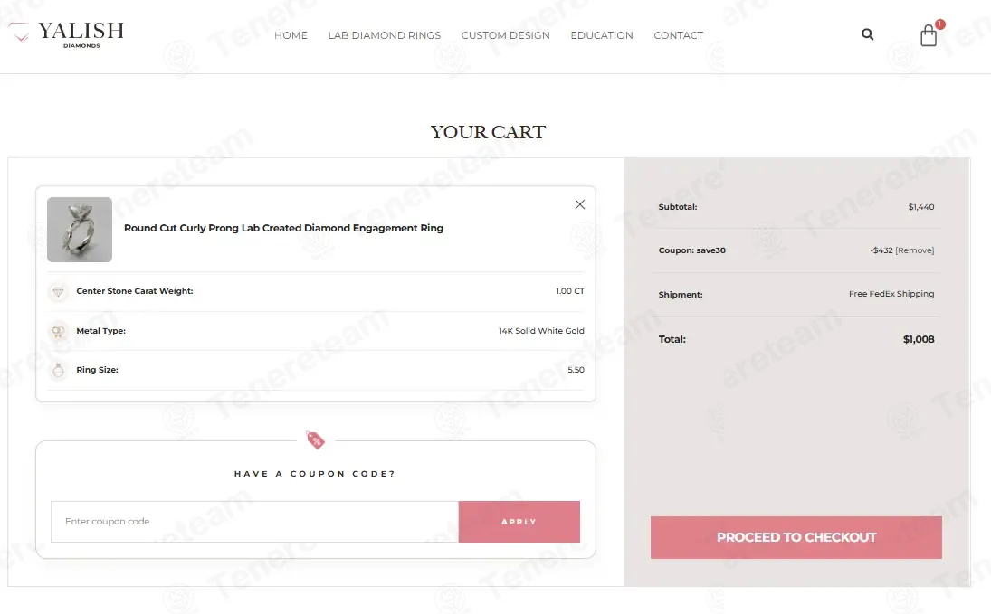 Yalish Diamonds coupon code: 30% off with SAVE30. Tested and valid as 3 weeks ago.