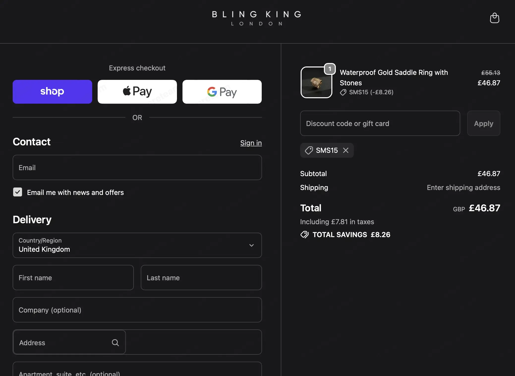 Bling King London coupon code: 15% off with SMS15. Tested and valid as 1 month ago.