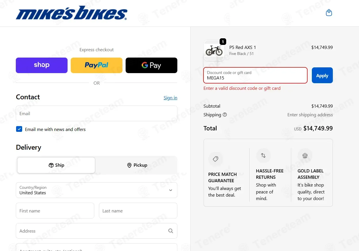 Mikes Bikes coupon code: 15% off with MEGA15. Tested and valid as 2 months ago.