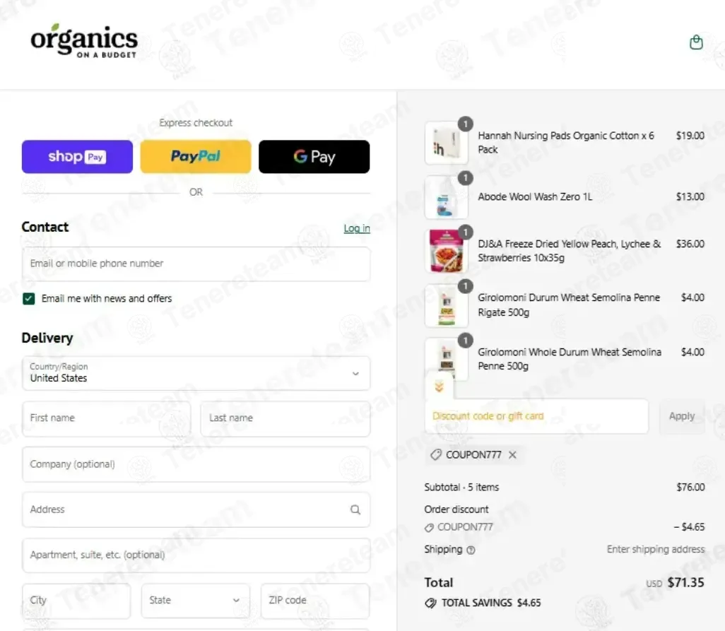 Organics On A Budget coupon code: 5% off with COUPON777. Tested and valid as 4 weeks ago.