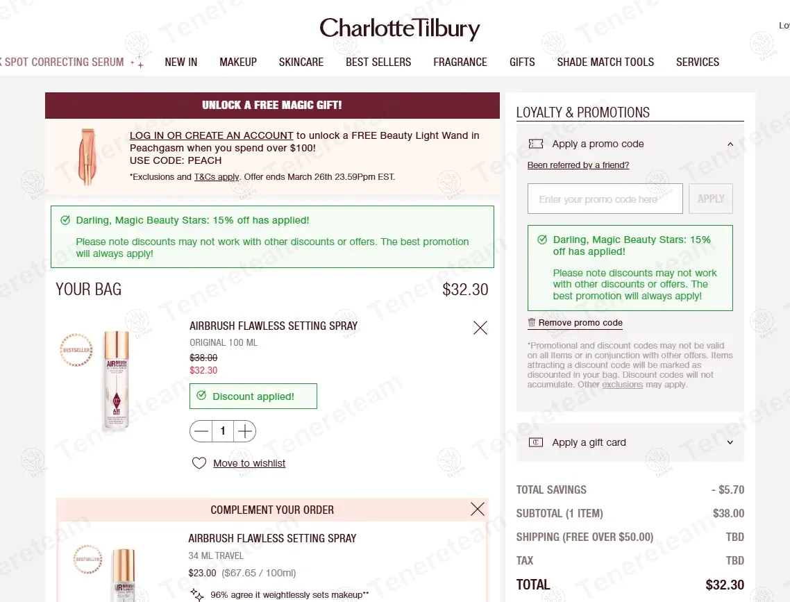 Charlotte Tilbury coupon code: 15% off with ELIZABETHFE096. Tested and valid as 1 year ago.