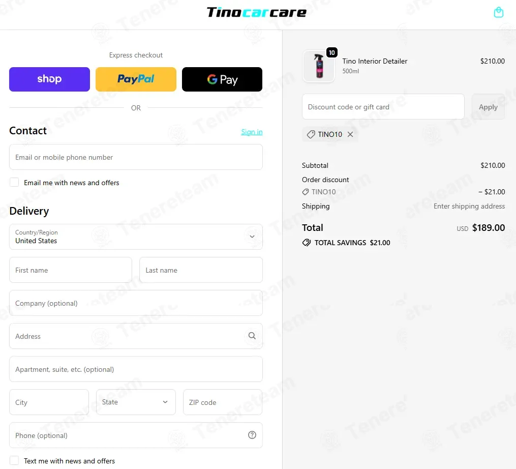Tino Car Care coupon code: 10% off with TINO10. Tested and valid as 1 week ago.