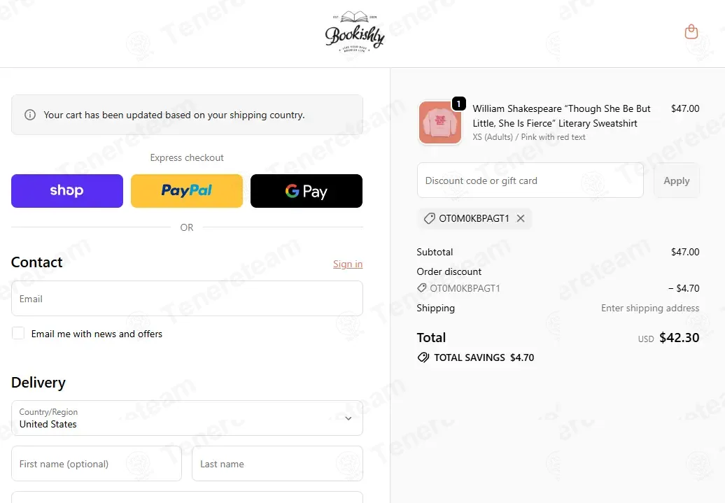 Bookishly coupon code: 10% off with OT0M0KBPAGT1. Tested and valid as 9 months ago.