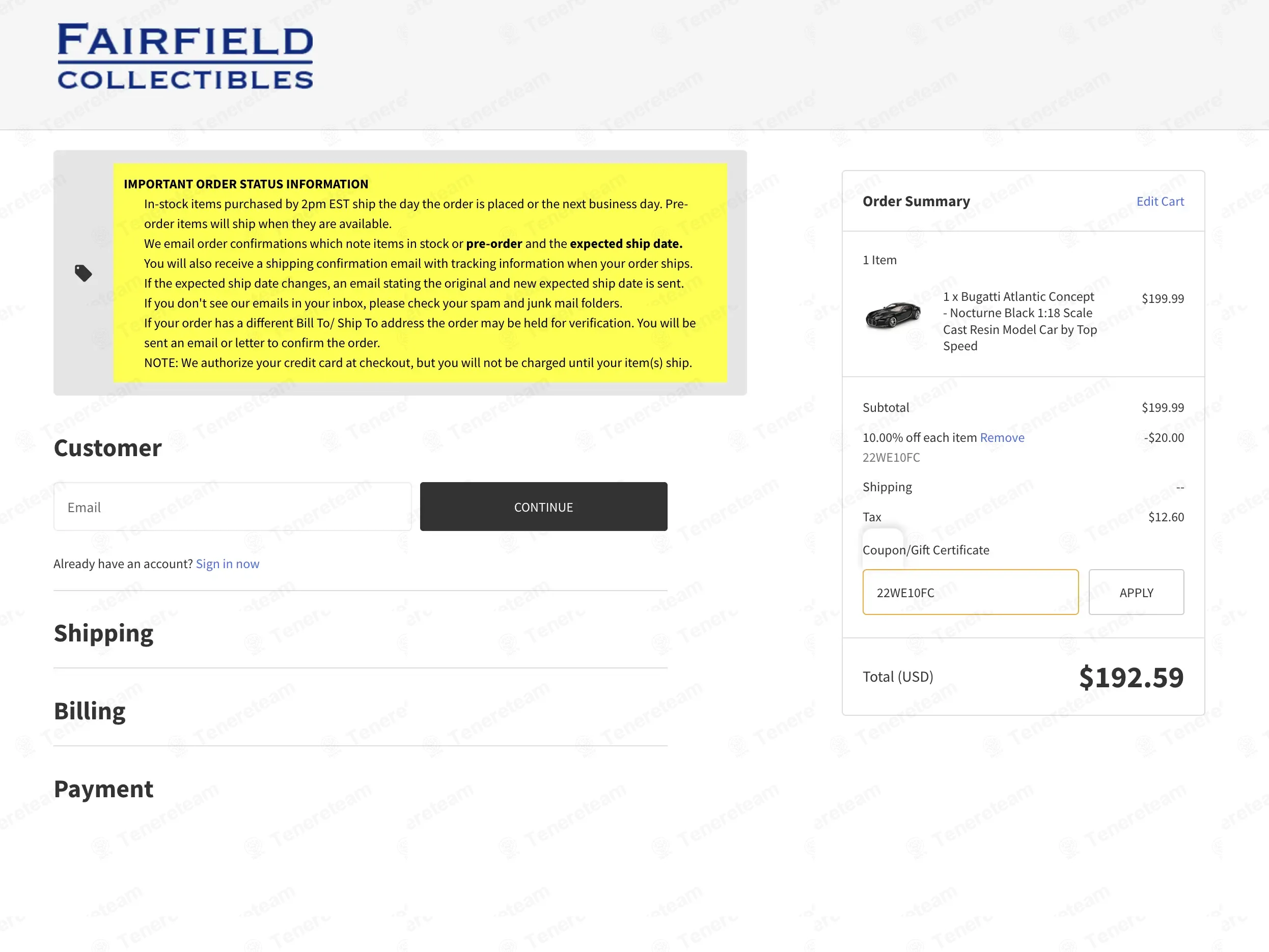 Fairfield Collectibles coupon code: 10% off with 22WE10FC. Tested and valid as 8 months ago.
