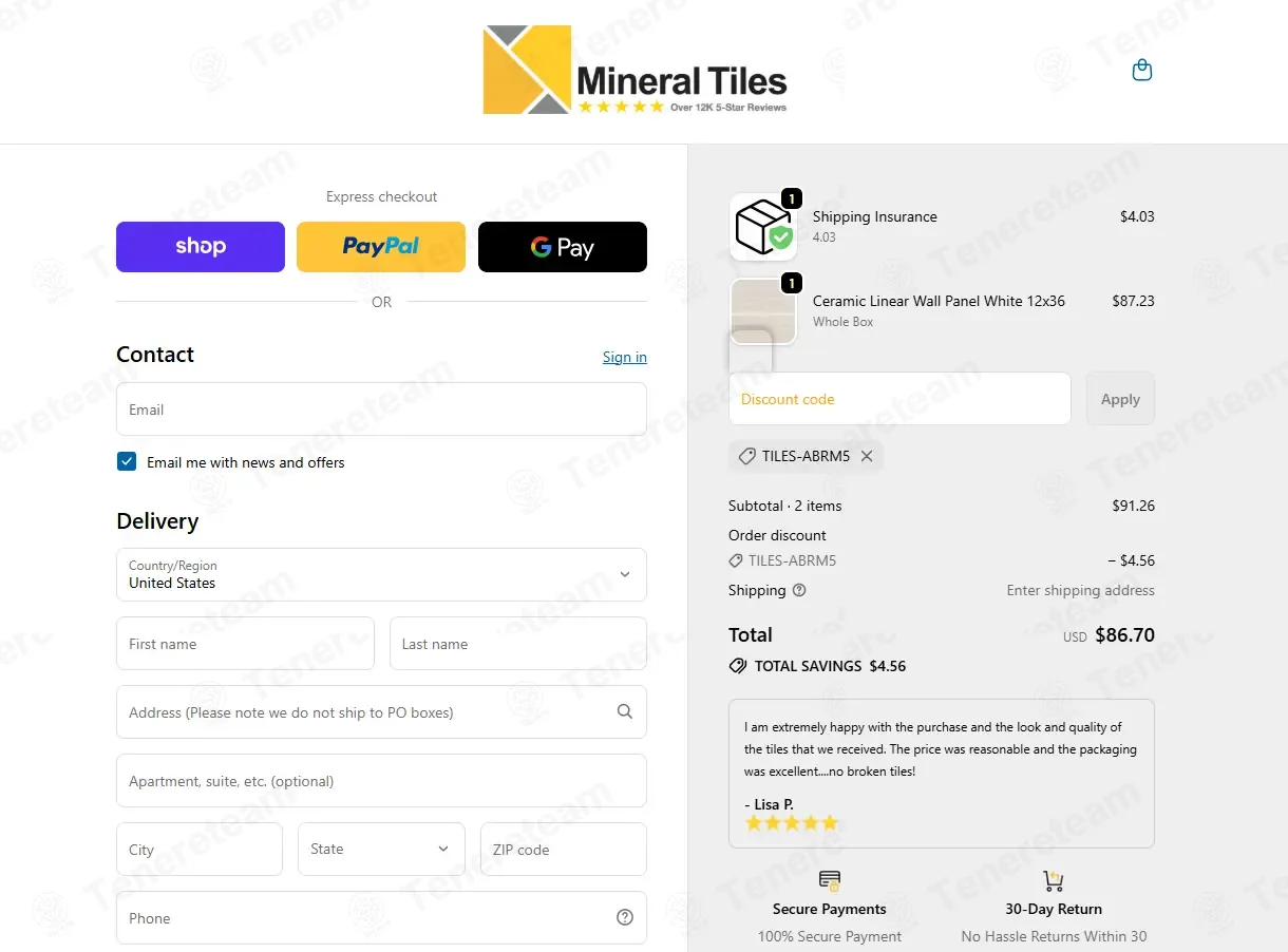 Mineral Tiles coupon code: 5% off with TILES-ABRM5. Tested and valid as 4 months ago.