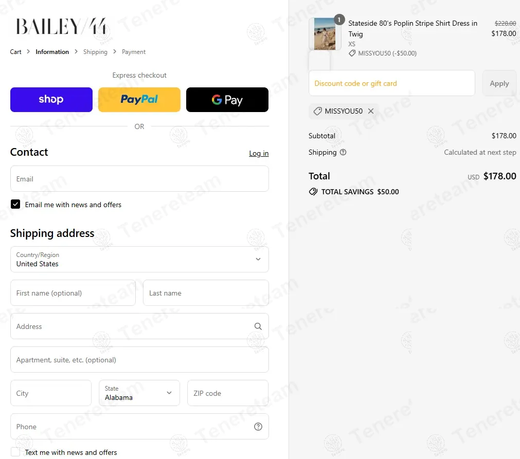 Bailey 44 coupon code: $50 off with MISSYOU50. Tested and valid as 9 months ago.