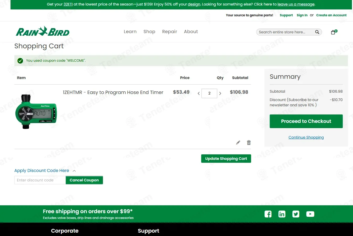Rain Bird coupon code: 10% off with WELCOME. Tested and valid as 1 month ago.