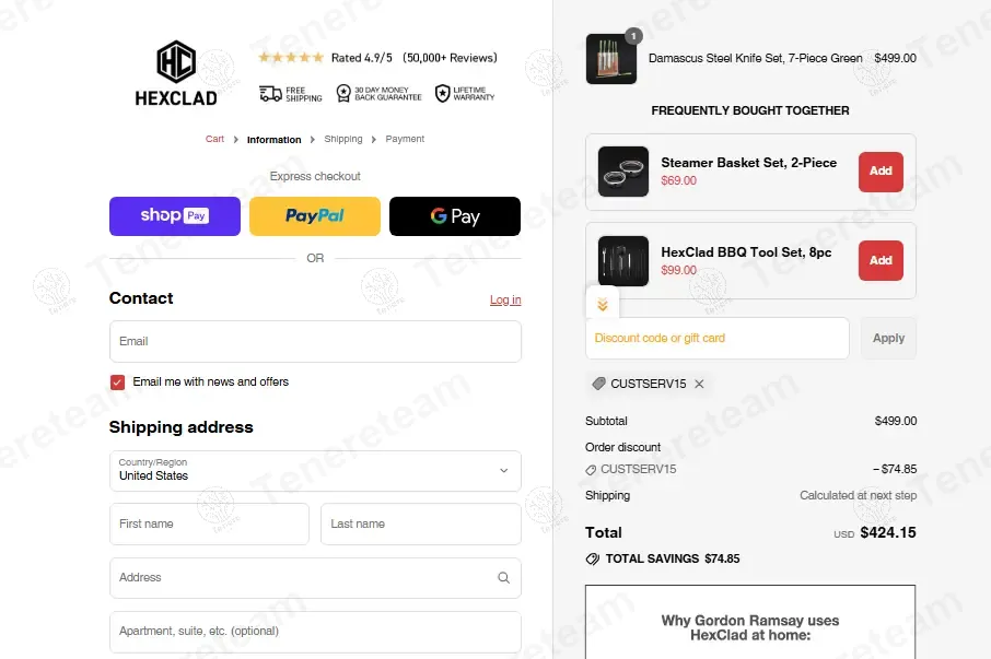 HexClad coupon code: 15% off with CUSTSERV15. Tested and valid as 7 months ago.
