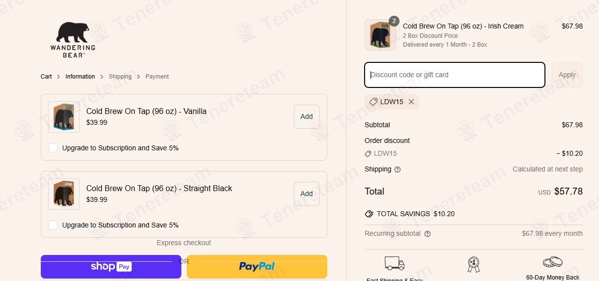 Wandering Bear Coffee coupon code: 15% off with LDW15. Tested and valid as 1 year ago.