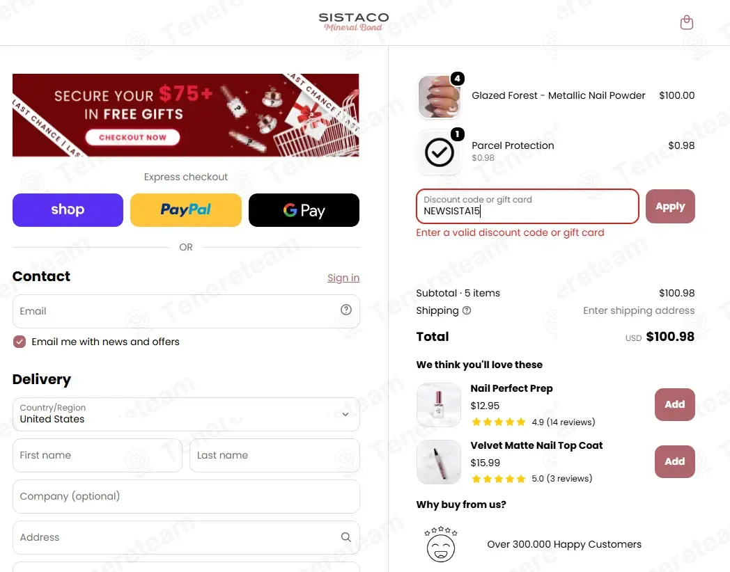 Sistaco coupon code: 15% off with NEWSISTA15. Tested and valid as 1 month ago.